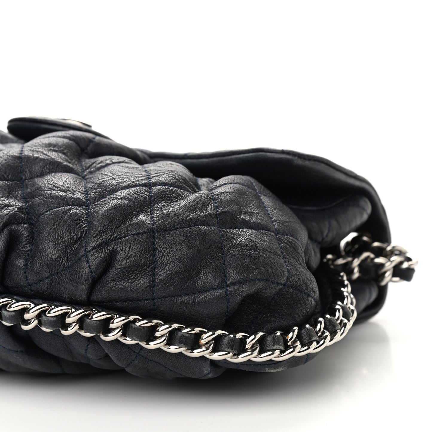 Washed Lambskin Quilted Medium Chain Around Flap Navy