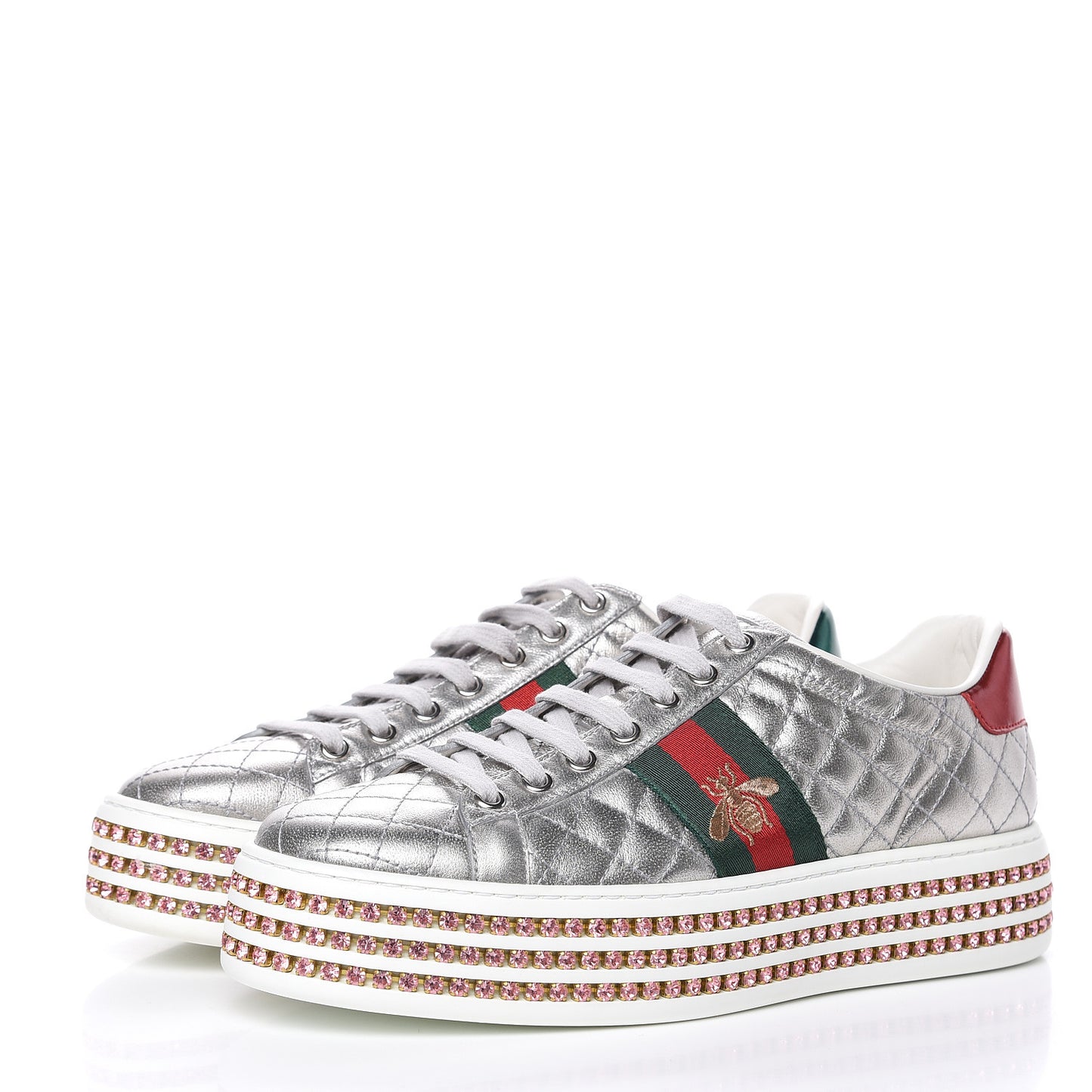 Laminated Nappa Crystal Web Bee Embroidered Trapuntata Womens Ace Platform Sneakers 38.5 Argento