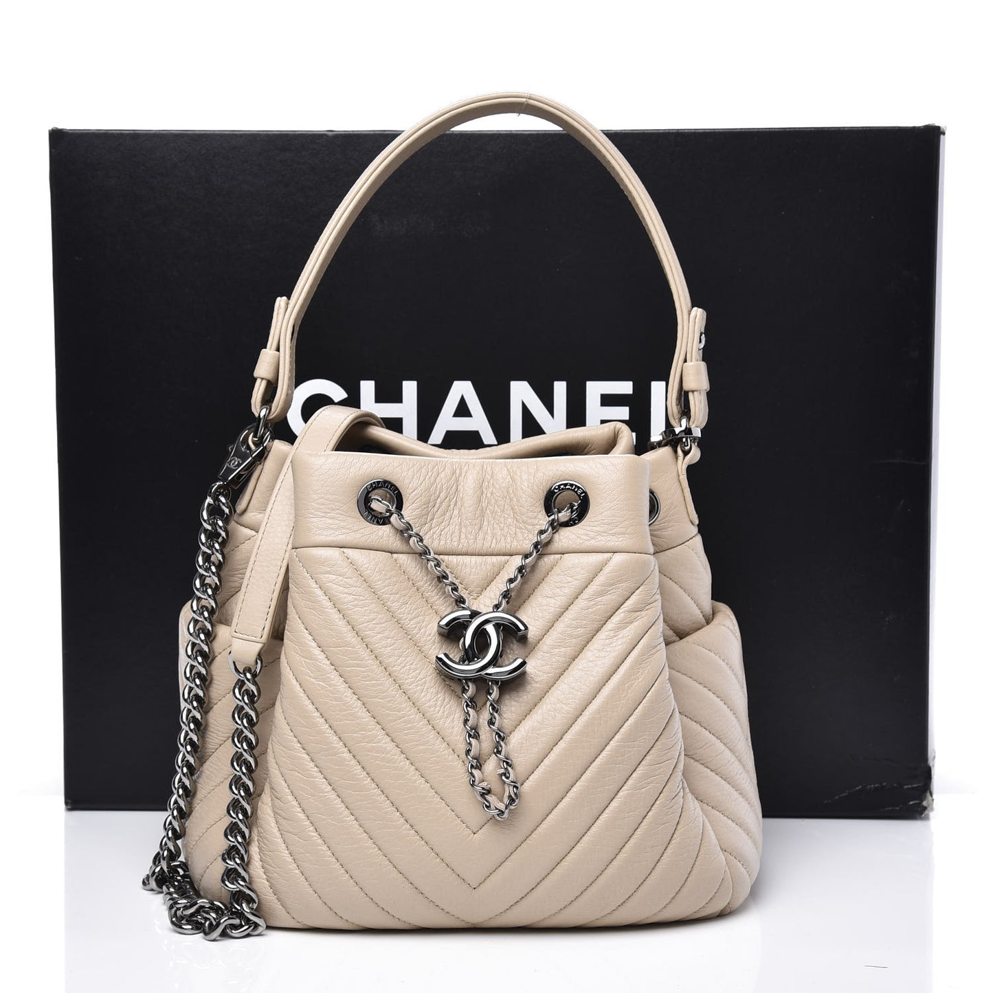 Deerskin Chevron Small CC Chain Bucket Bag Beige