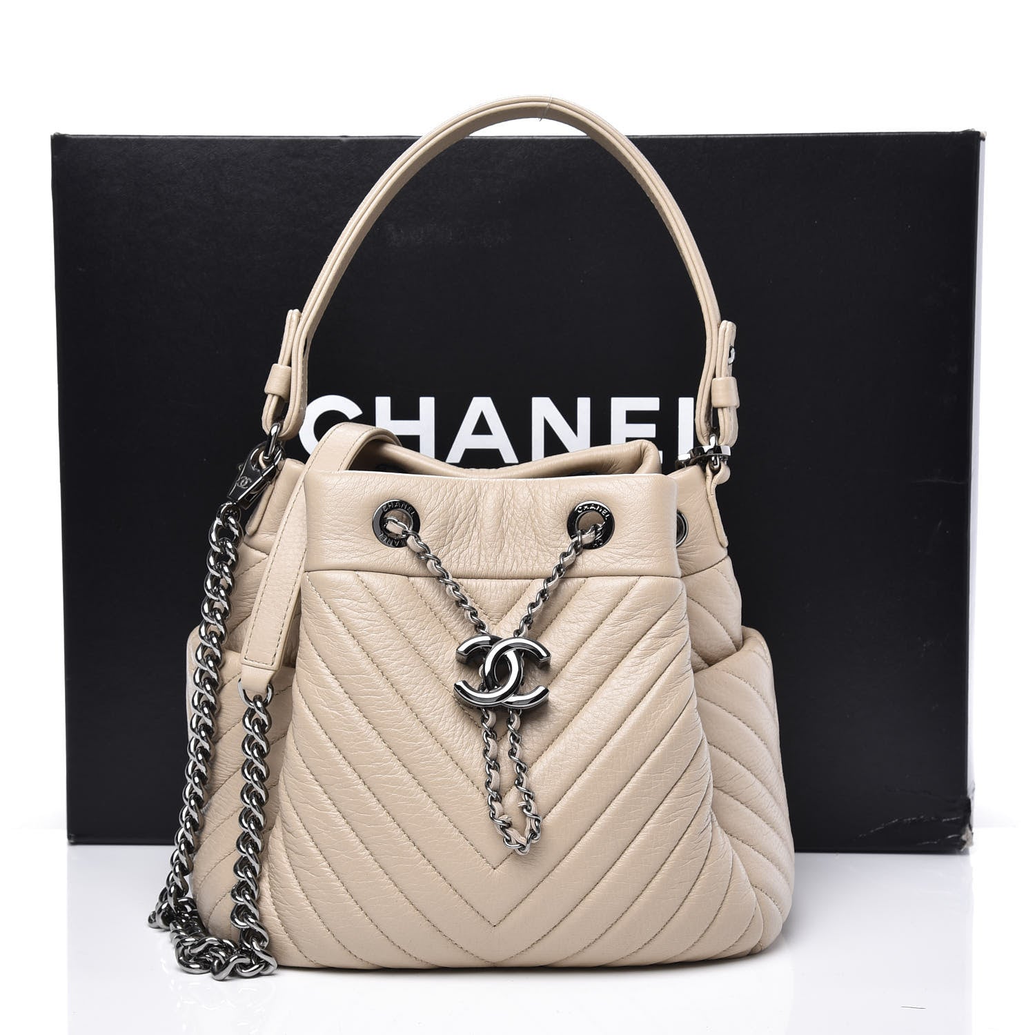 Chanel Deerskin Chevron Small CC Chain Bucket Bag Beige 11 of 11