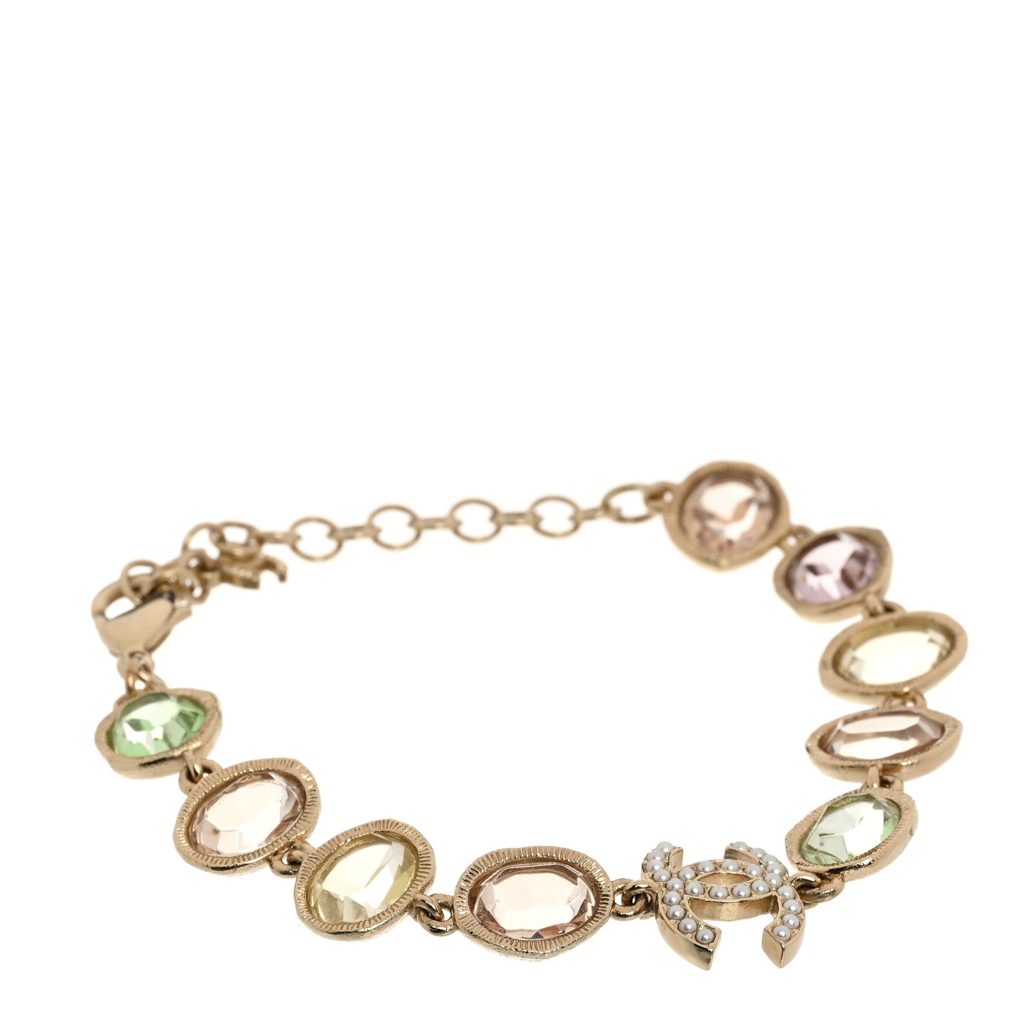 Chanel Metal Glass Crystal Strass Pearl CC Chain Bracelet Gold Multicolor Pearly White 1 of 4