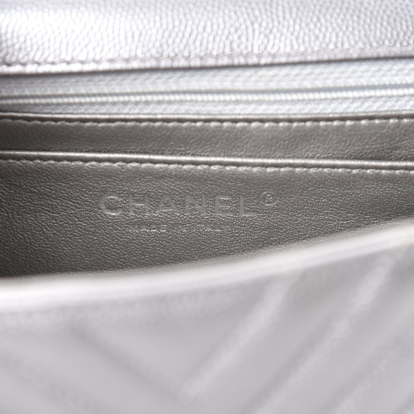 Metallic Caviar Chevron Quilted Mini Square Flap Silver