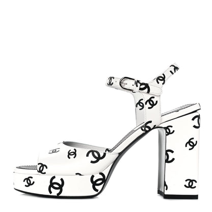 Chanel Printed Lambskin Coco Beach Platform Sandals 40 White Black 1 of 9