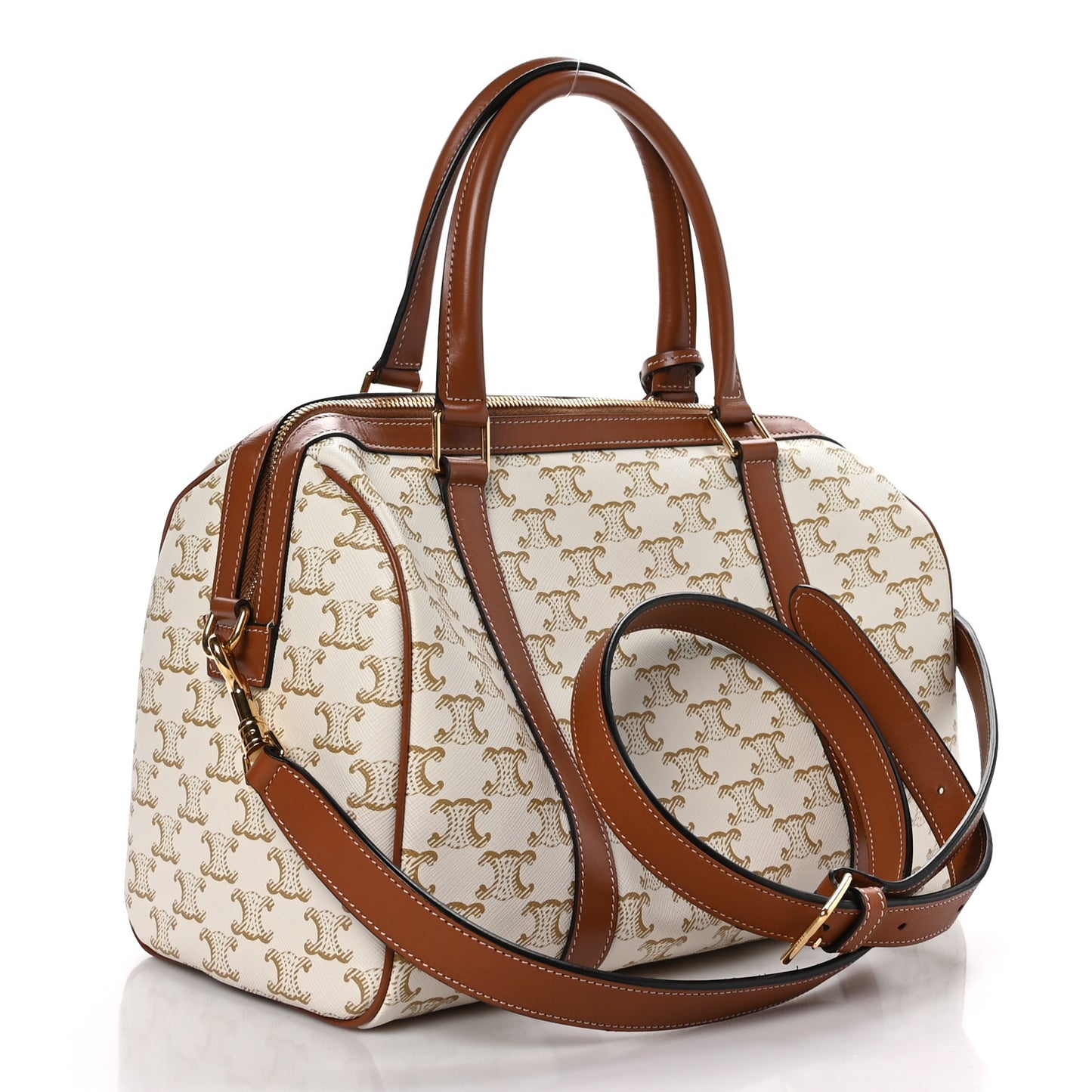 Triomphe Canvas Calfskin Boston Bag White