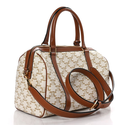 Celine Triomphe Canvas Calfskin Boston Bag White 3 of 10