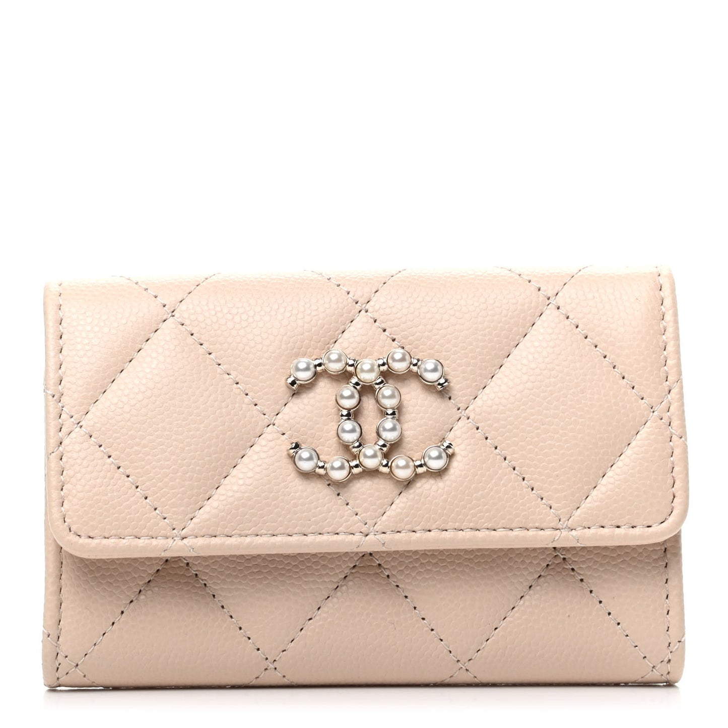 Caviar Pearl Quilted Coco Candy Flap Card Holder Beige