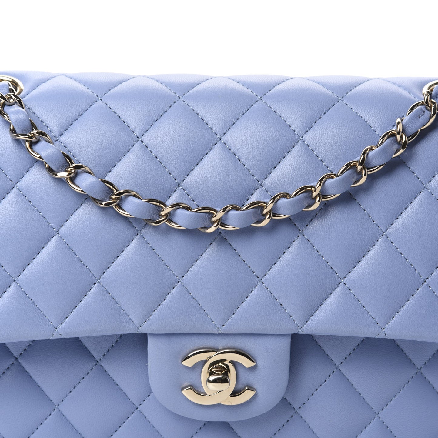 Lambskin Quilted Medium Double Flap Light Blue