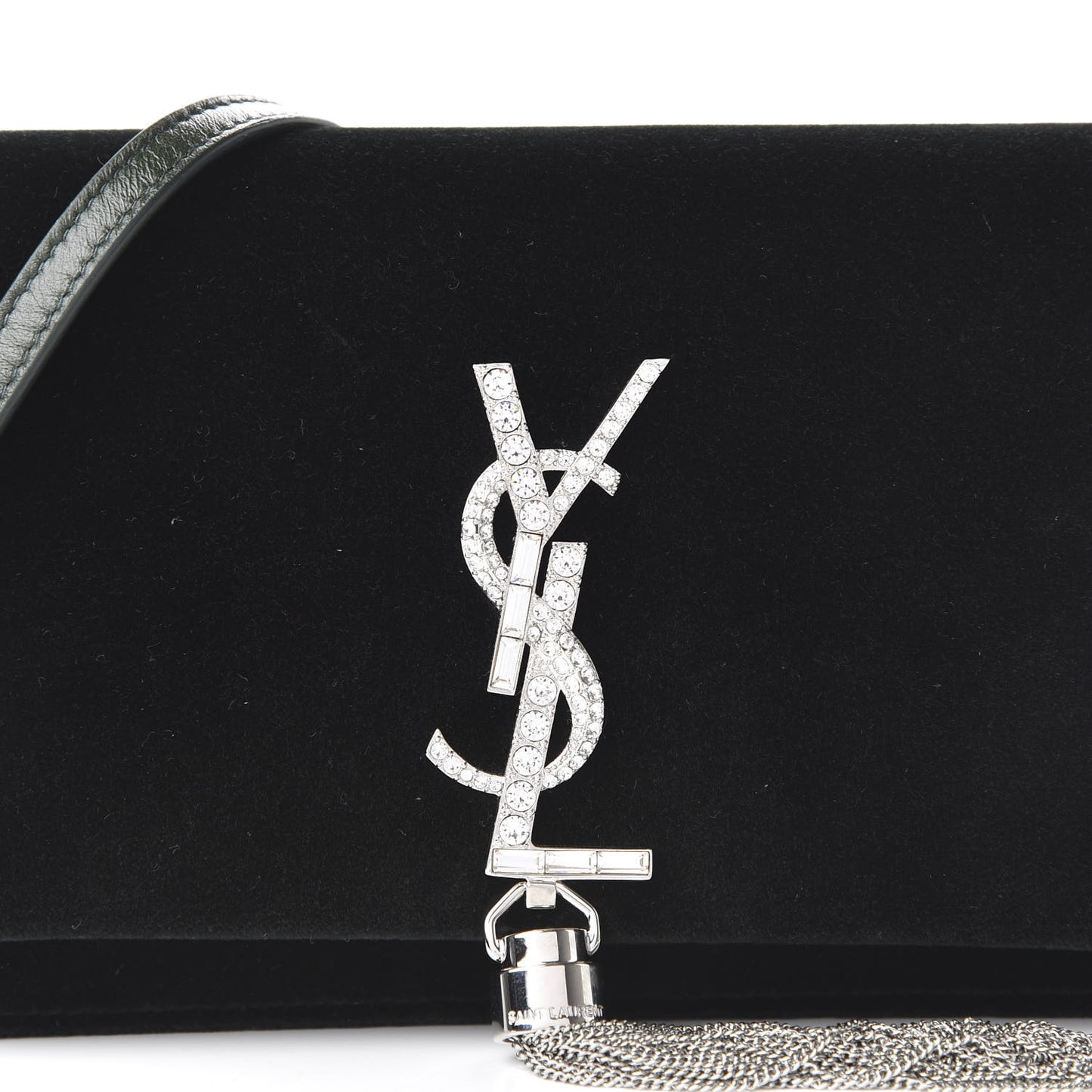 Velvet Crystal Monogram Kate Tassel Chain Wallet Green