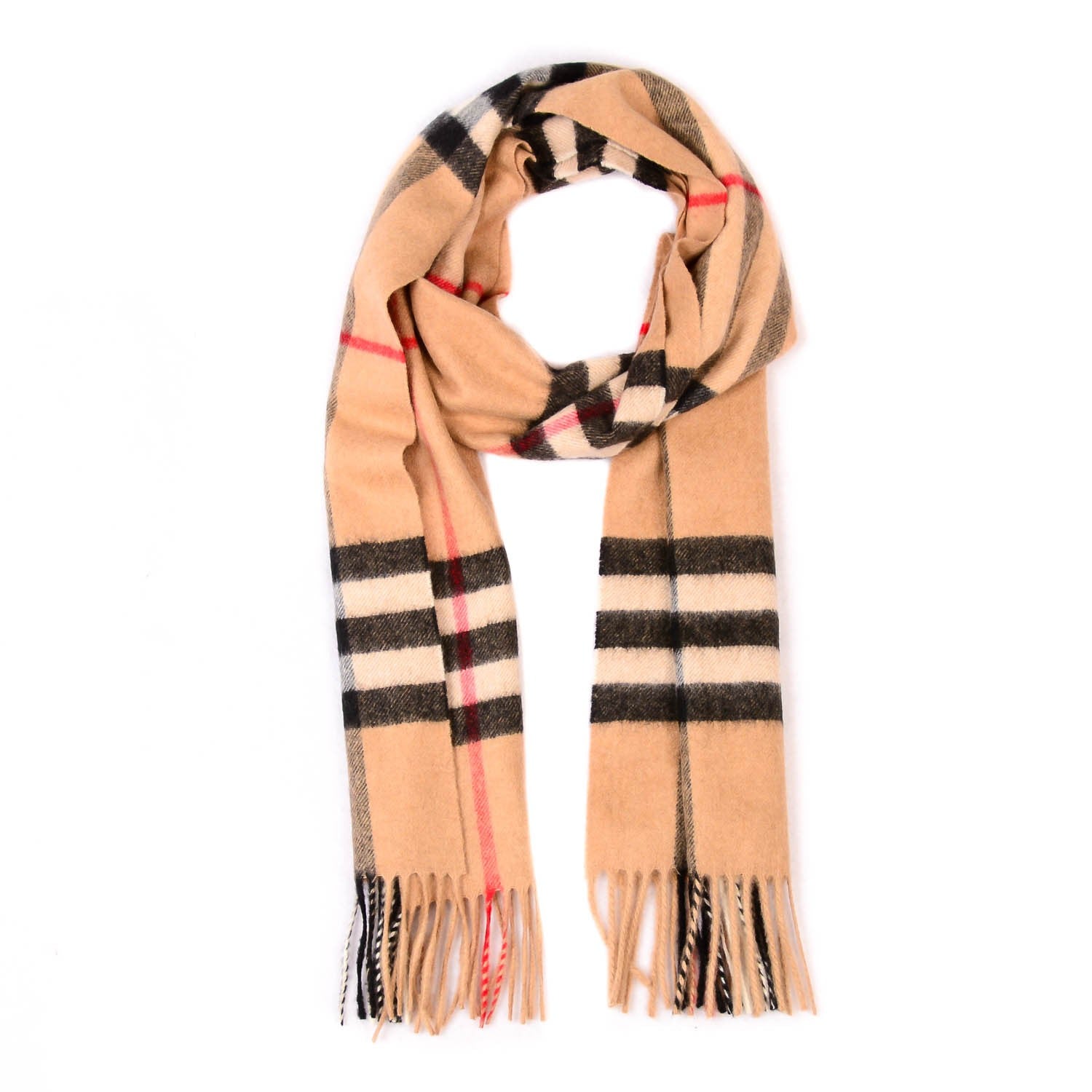 Burberry Cashmere Giant Check Fringe Scarf Camel 1 of 6