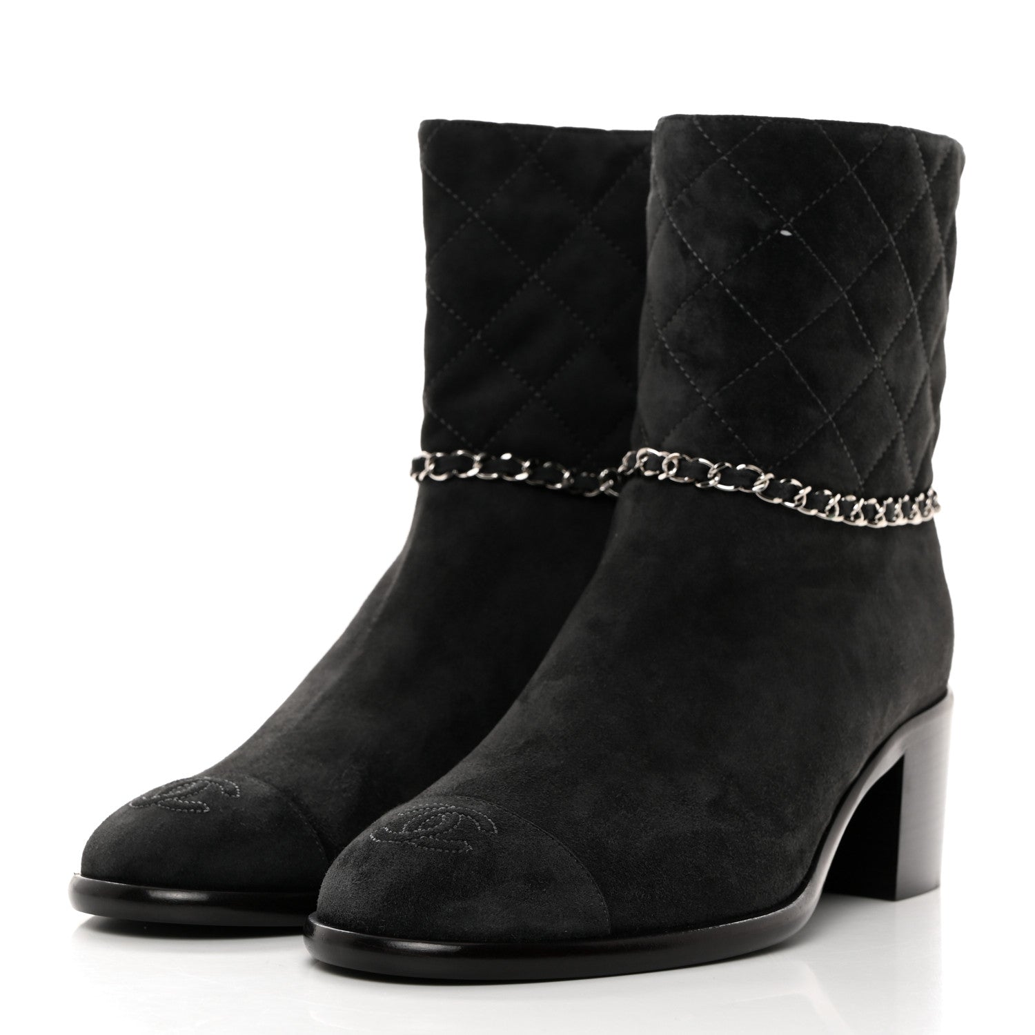 Chanel Suede Calfskin Chain CC Cap Toe Short Boots 39 Dark Grey 3 of 9