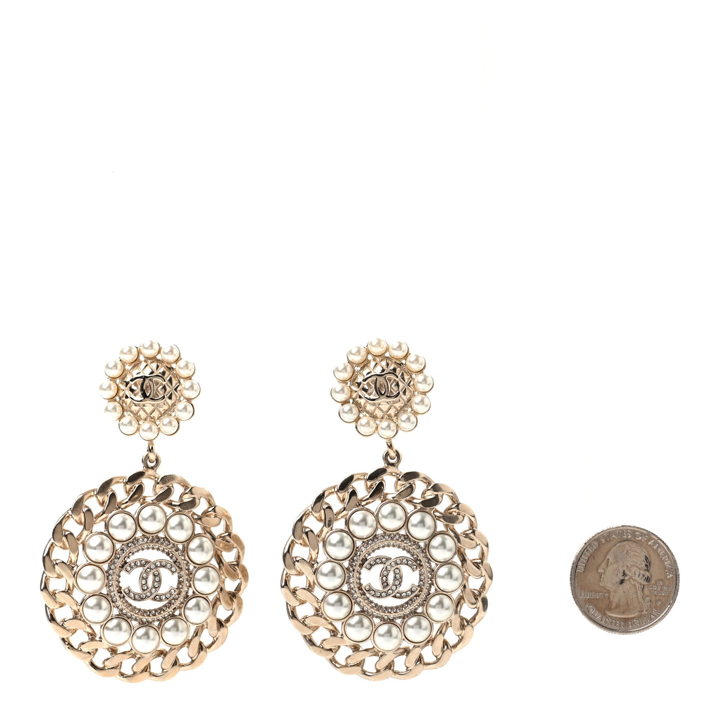 Pearl Crystal CC Drop Clip On Earrings Gold