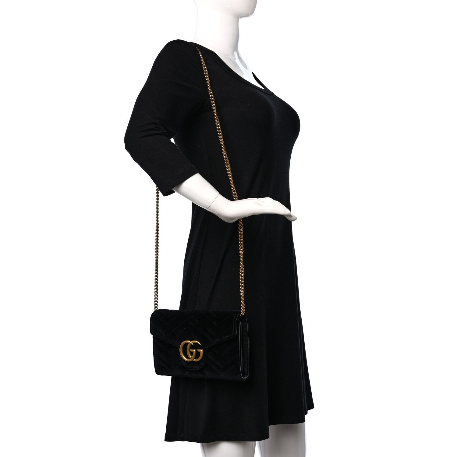 Gucci Velvet Matelasse GG Marmont Chain Wallet Black 2 of 9