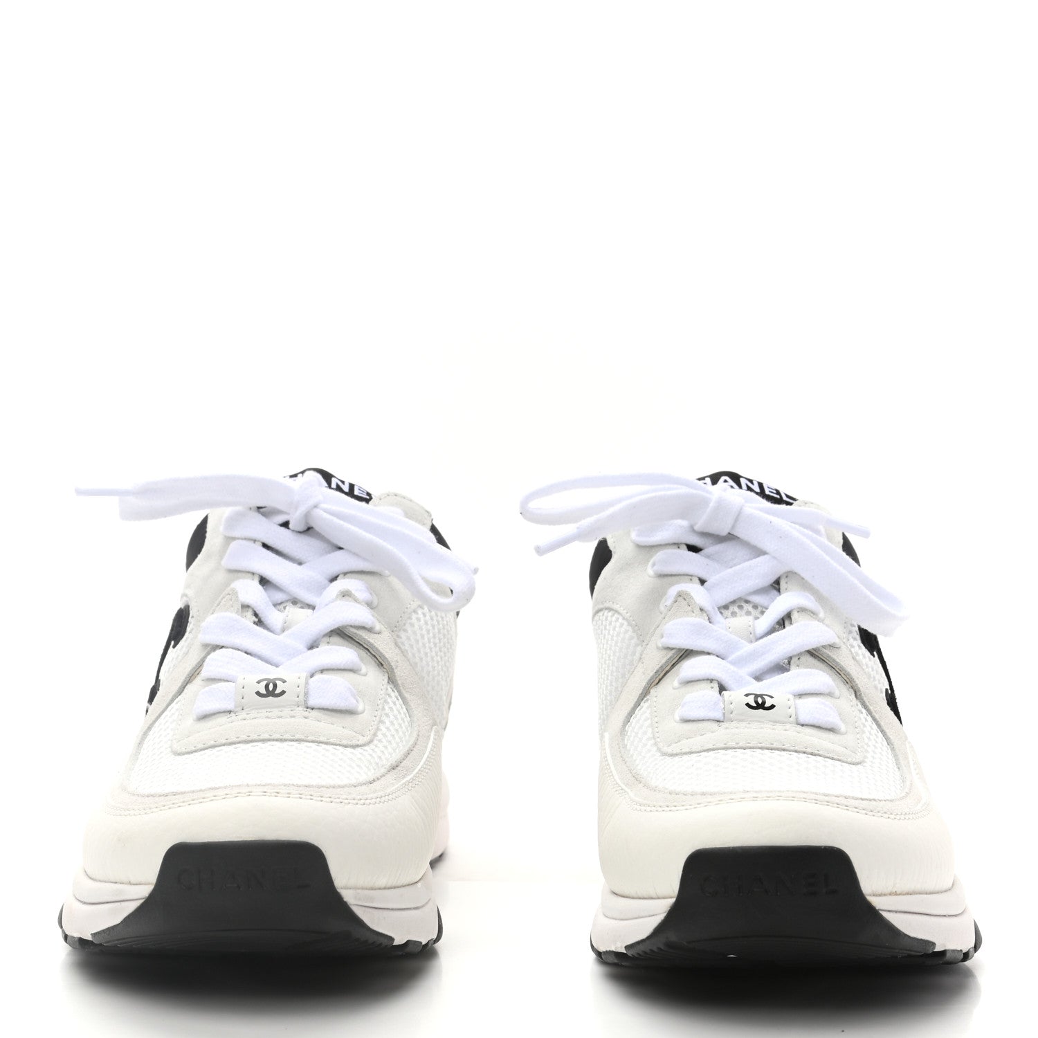 Chanel Mesh Suede Calfskin Grained Calfskin Womens CC Sneakers 37.5 White Black 2 of 9