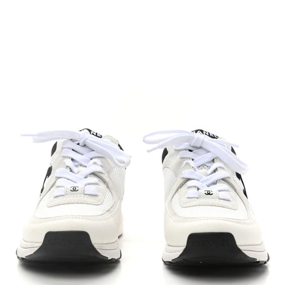 Chanel Mesh Suede Calfskin Grained Calfskin Womens CC Sneakers 37.5 White Black 2 of 9