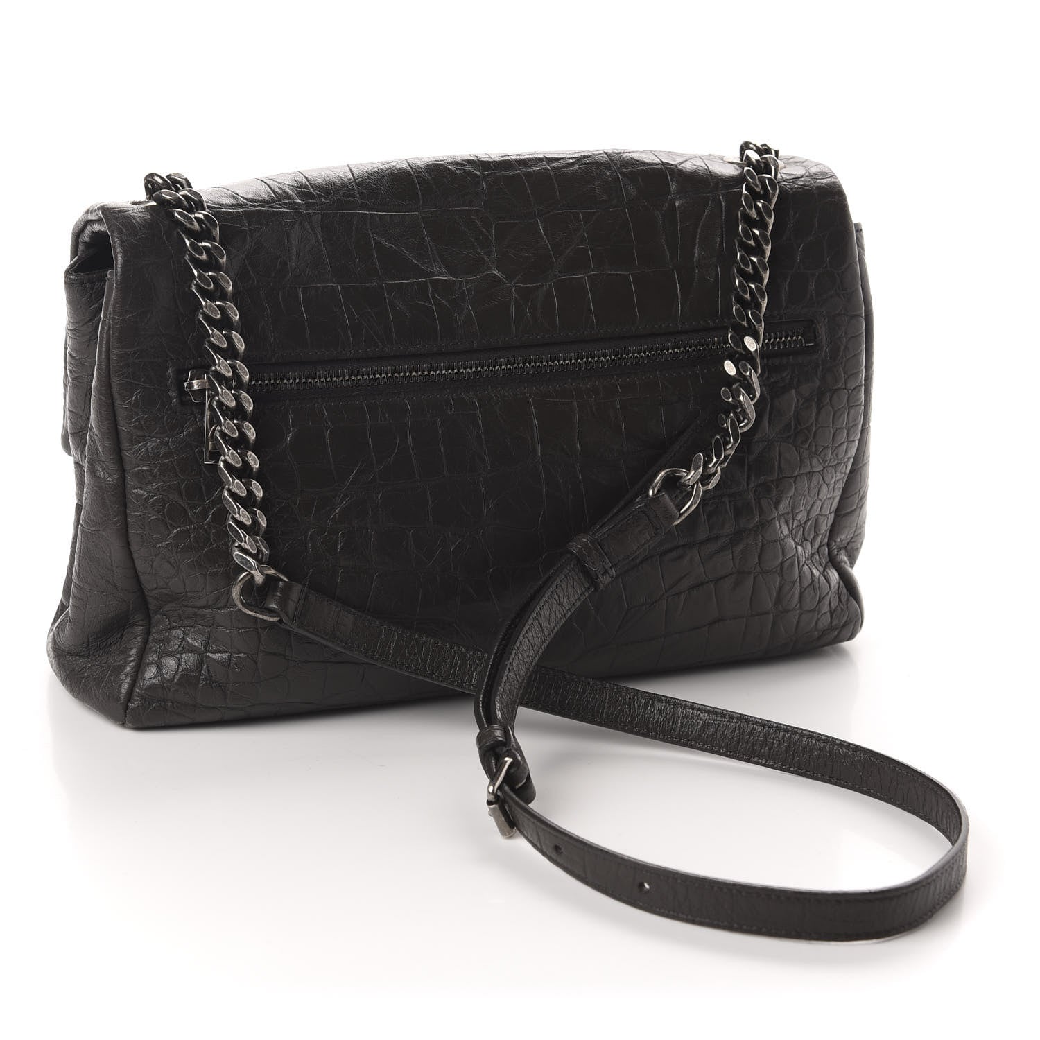 Saint Laurent Calfskin Crocodile Embossed Medium West Hollywood Monogram Fold-Over Dark Brown 2 of 12