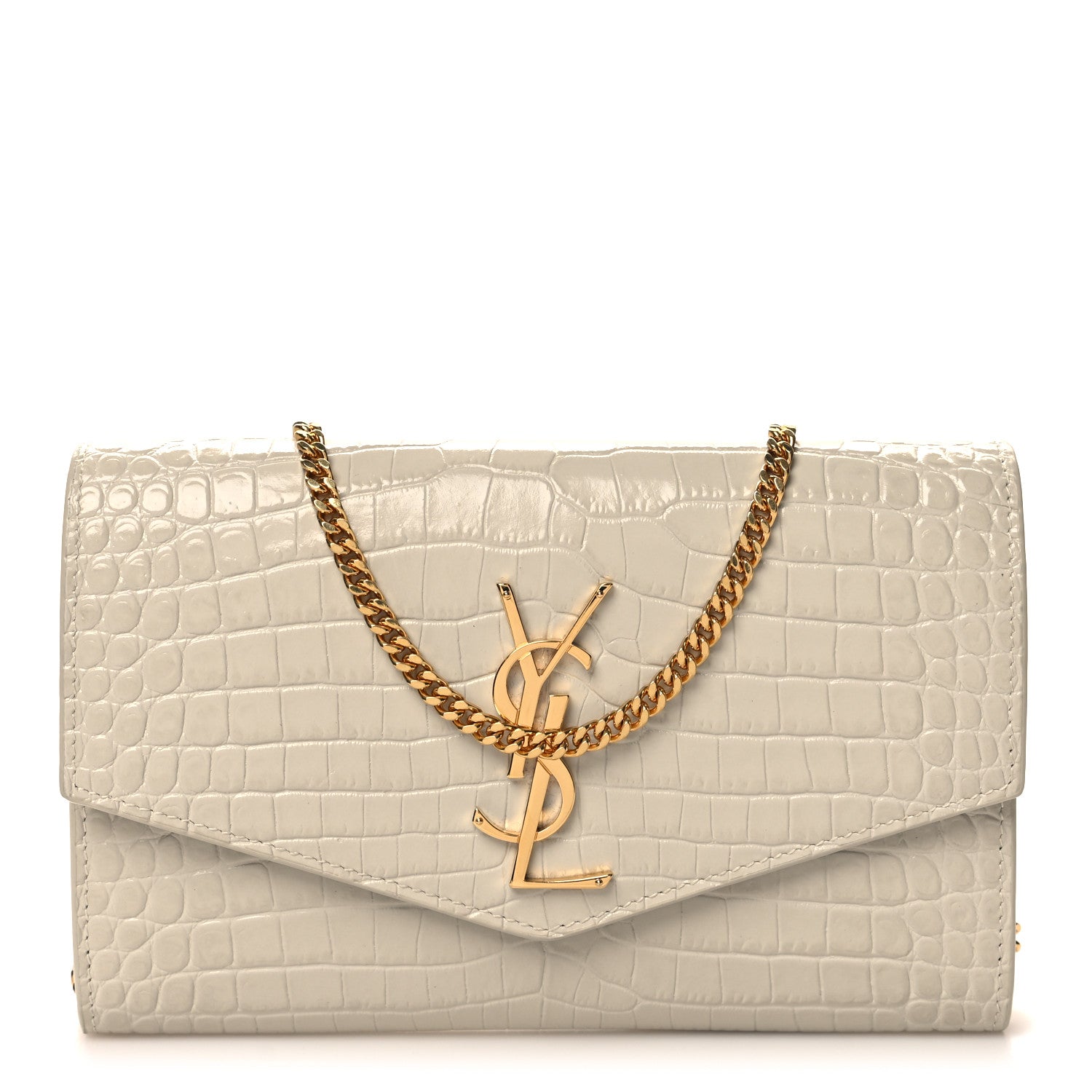 Saint Laurent Calfskin Crocodile Embossed Monogram Uptown Chain Wallet Crema Soft 1 of 12