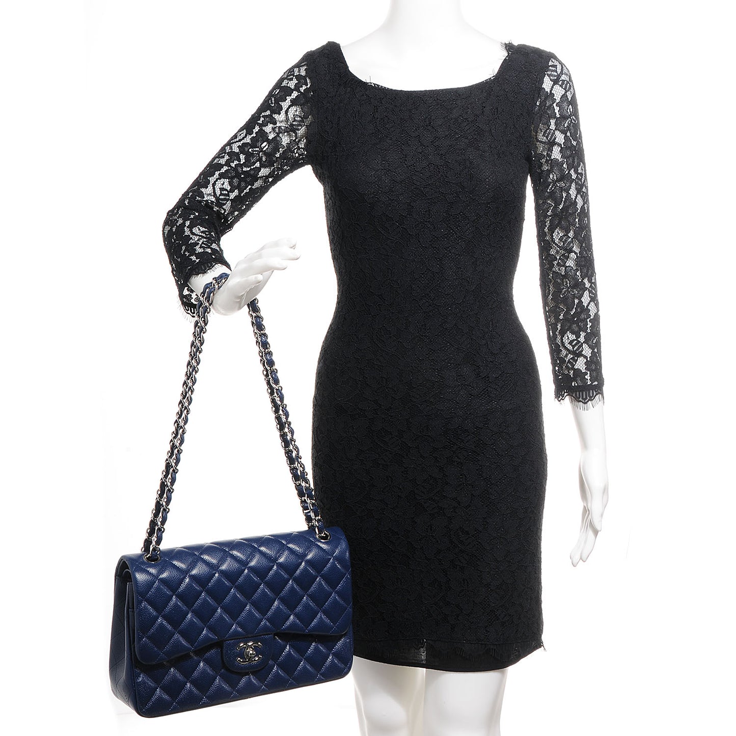 Caviar Quilted Jumbo Double Flap Navy Blue