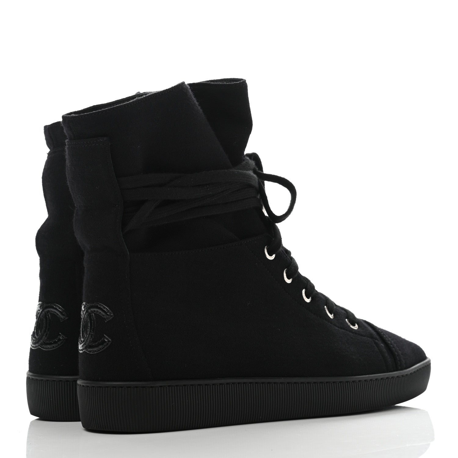 Chanel Jersey Lace Up High Top Sneakers 38.5 Black 4 of 9