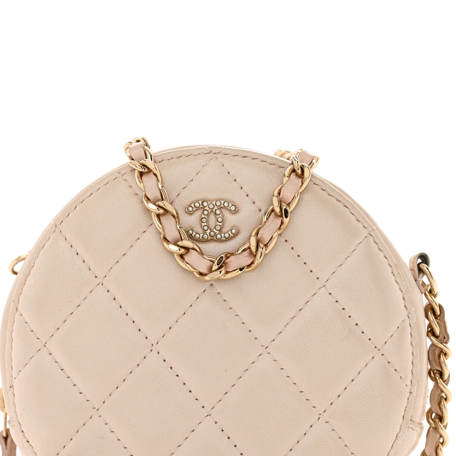 Chanel Iridescent Lambskin Quilted Pearl Round Clutch With Chain Light Beige 8 of 13