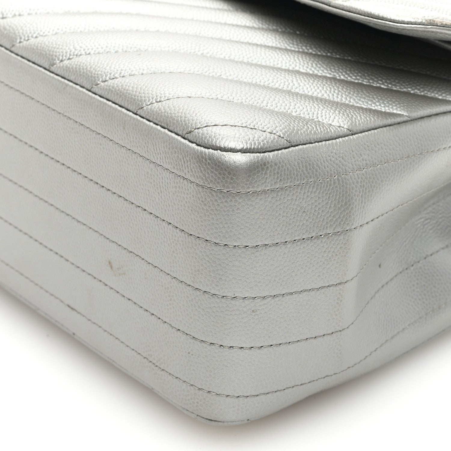 Chanel Metallic Caviar Chevron Quilted Jumbo Double Flap Silver 10 of 13