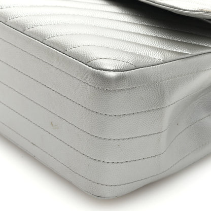 Chanel Metallic Caviar Chevron Quilted Jumbo Double Flap Silver 10 of 13