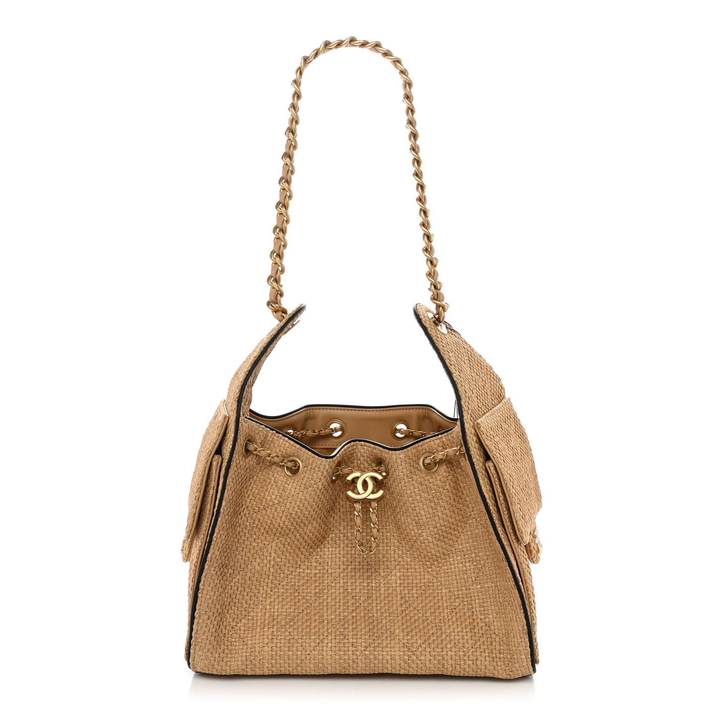 Braided Raffia Calfskin Small Chanel 25 Handbag Beige Black