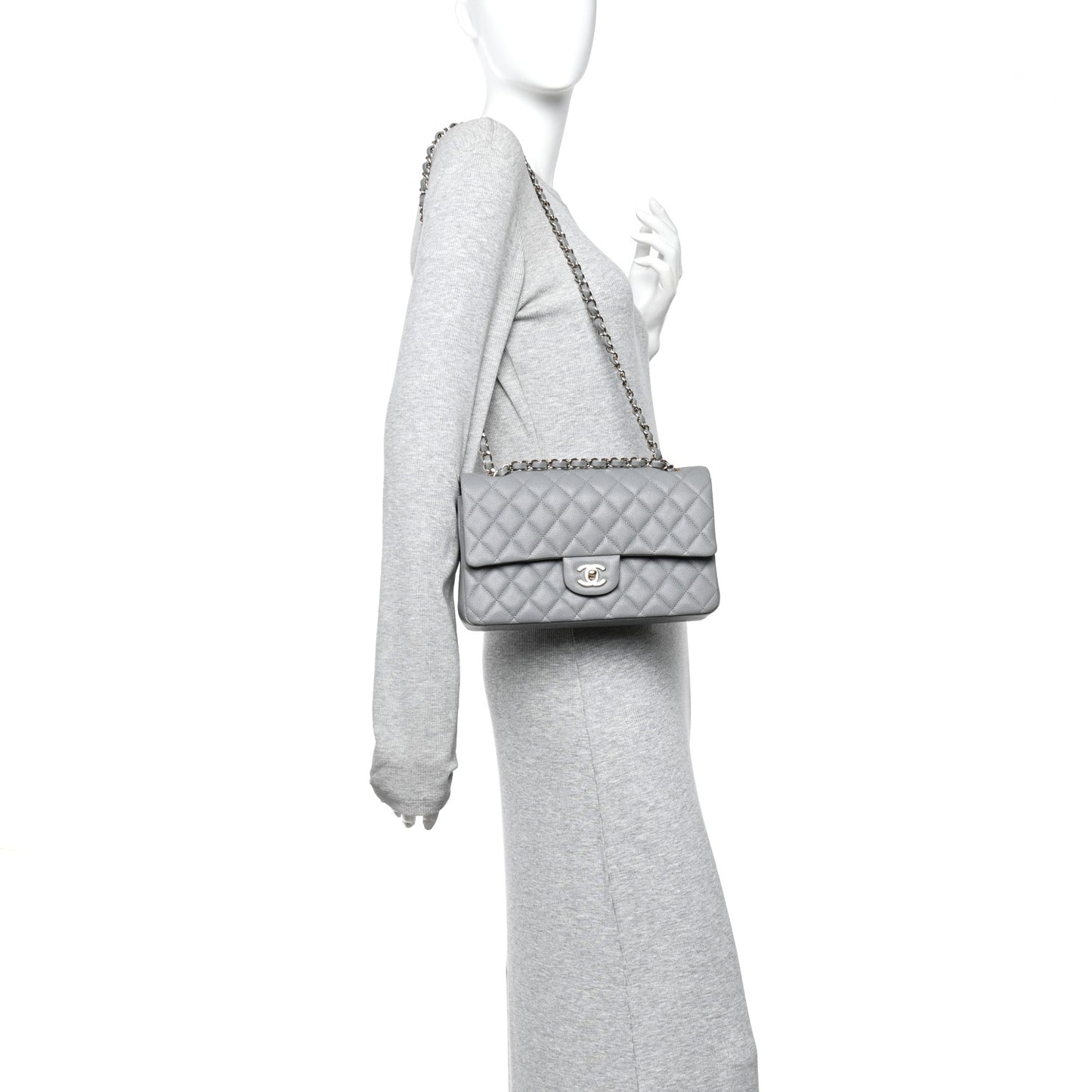 Caviar Quilted Medium Double Flap Grey