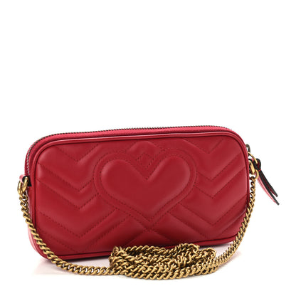 Gucci Calfskin Matelasse Mini GG Marmont Chain Crossbody Bag Hibiscus Red 2 of 8