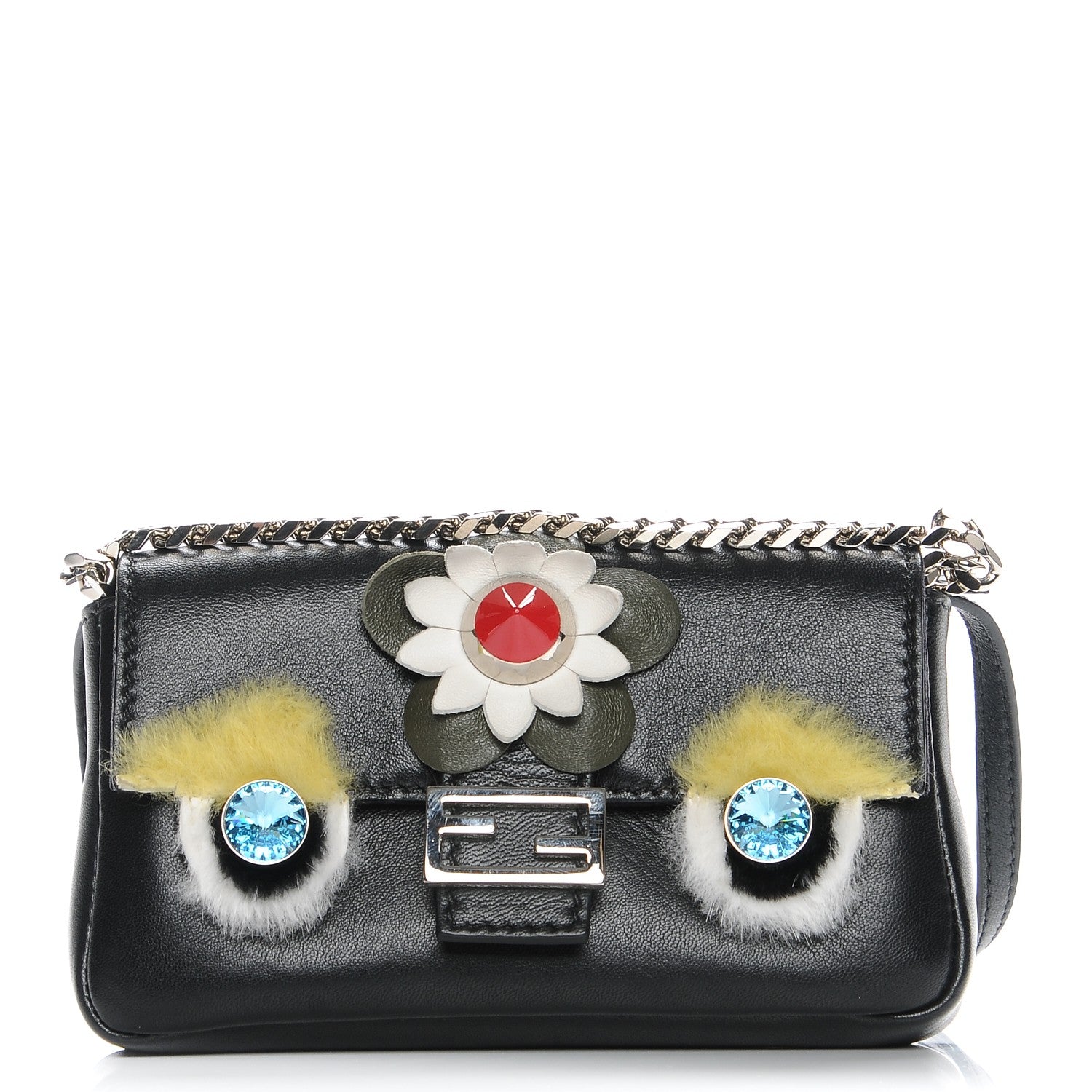Fendi Shiny Nappa Rabbit Fur Crystal Flowerland Micro Buggie Baguette Black Mojito Multicolor 1 of 7