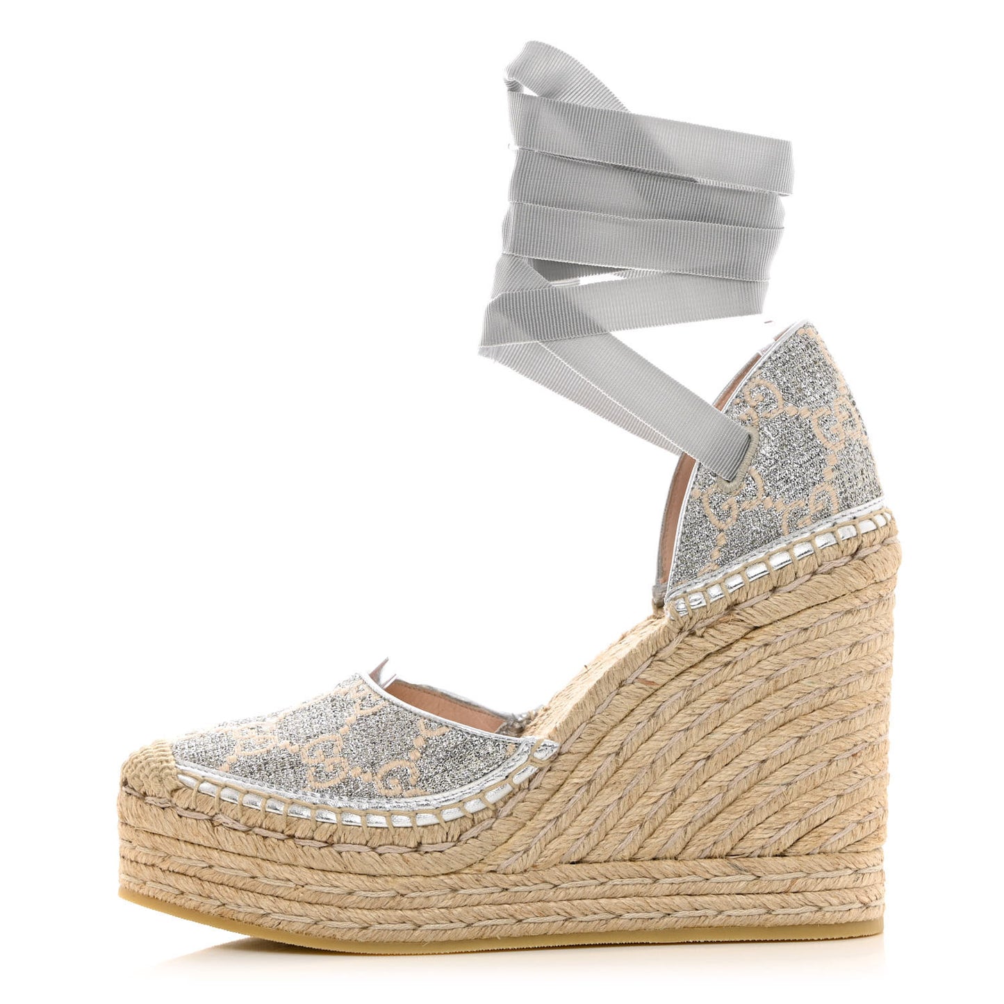 Lame GG Monogram Ankle Wrap Platform Espadrille Wedges 38 Silver Beige Light Grey