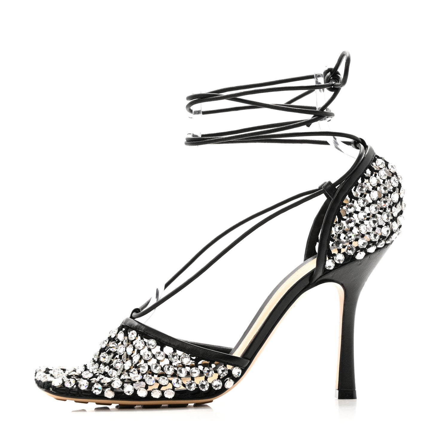 Mesh Nappa Crystal Embellished Sparkle Stretch Ankle Tie Sandals 41 Black
