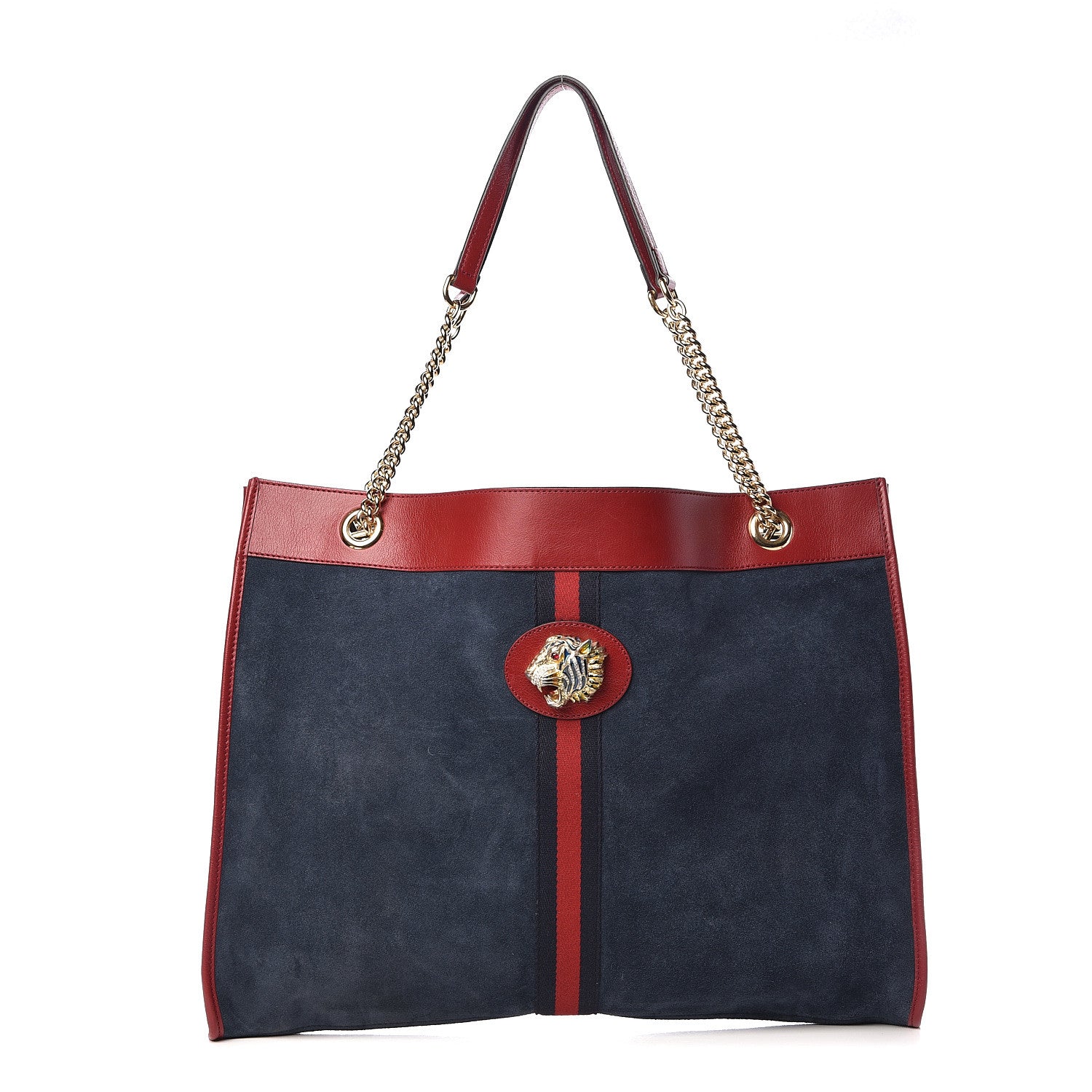 Gucci Suede Calfskin Large Rajah Chain Tote New Blue Romantic Cherry 1 of 16