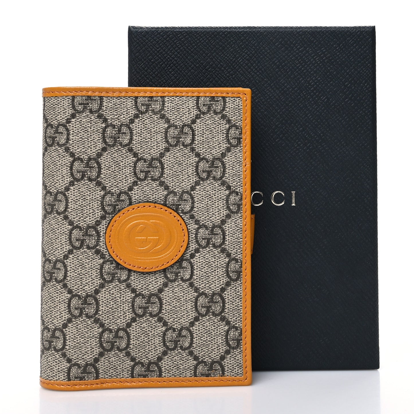GG Supreme Monogram Textured Calfskin Retro Interlocking G Passport Case Beige Yellow