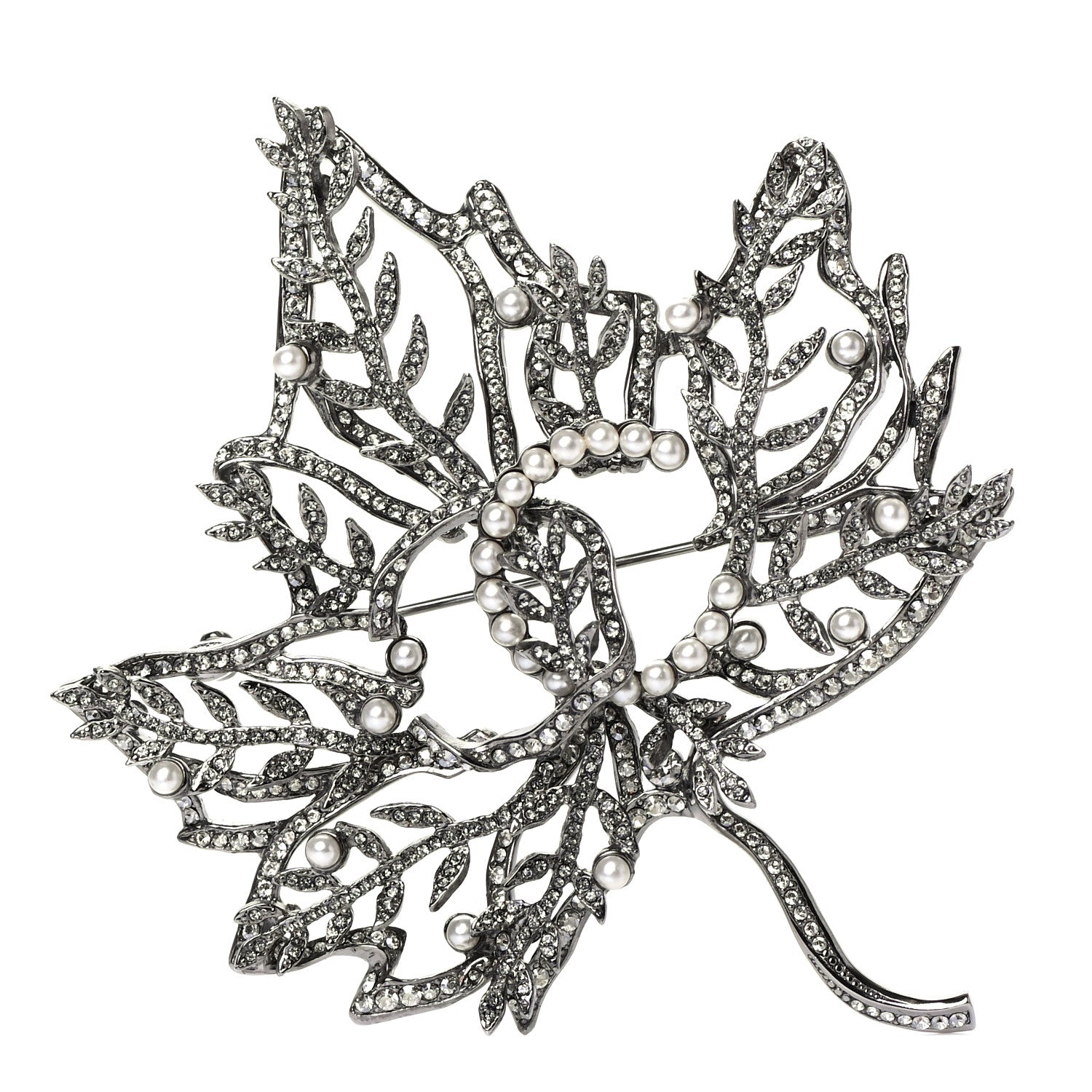 Chanel Pearl Crystal CC Leaf Brooch Silver 1 of 3