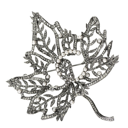 Chanel Pearl Crystal CC Leaf Brooch Silver 1 of 3