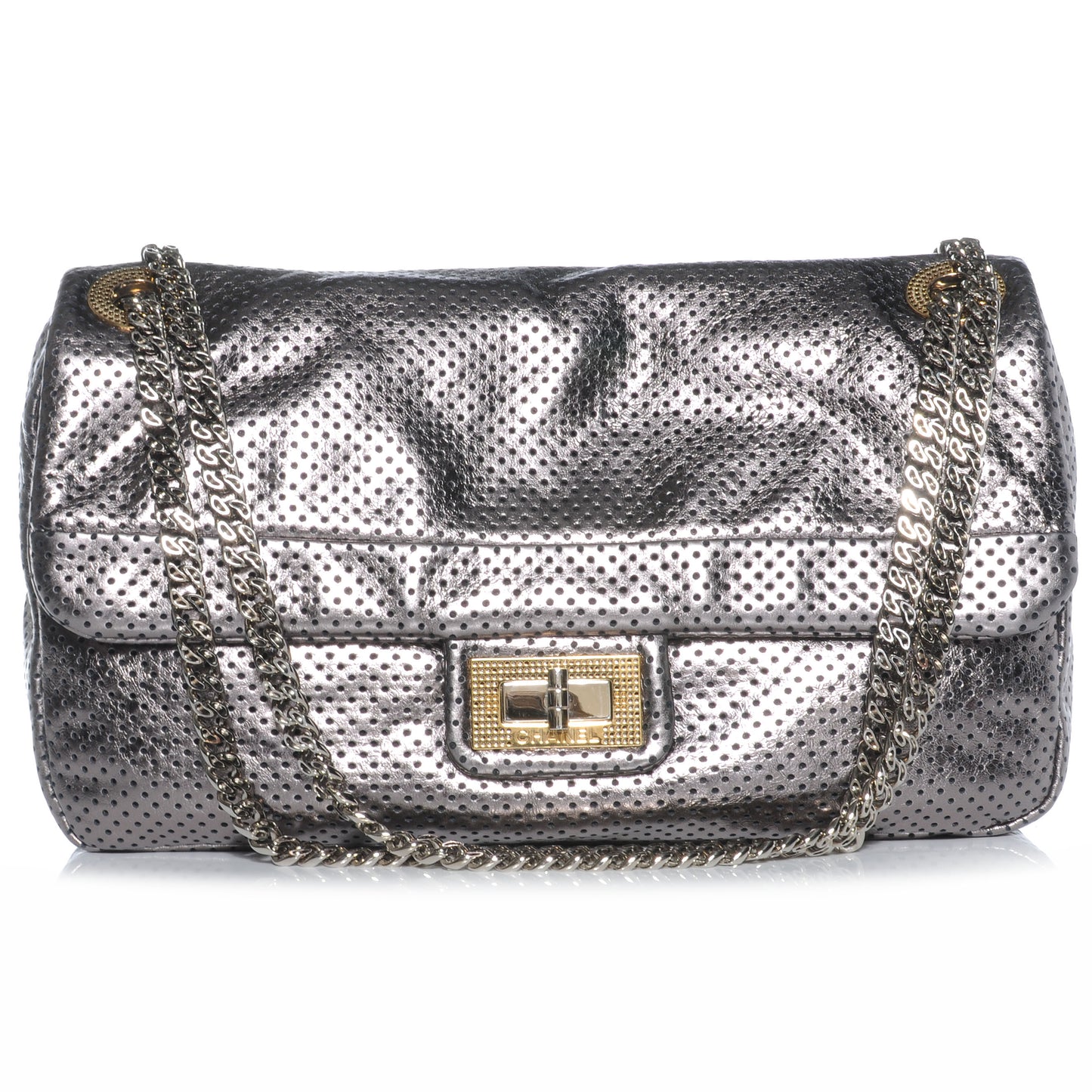Metallic Crackled Calfskin Perforated Drill Flap Silver