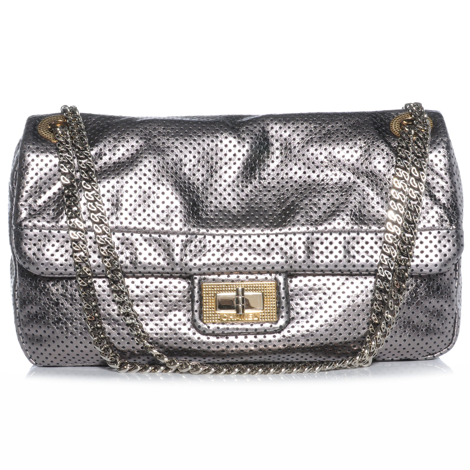 Chanel Metallic Crackled Calfskin Perforated Drill Flap Silver 1 of 7