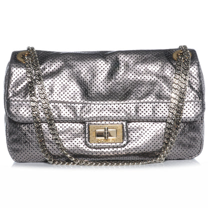 Chanel Metallic Crackled Calfskin Perforated Drill Flap Silver 1 of 7