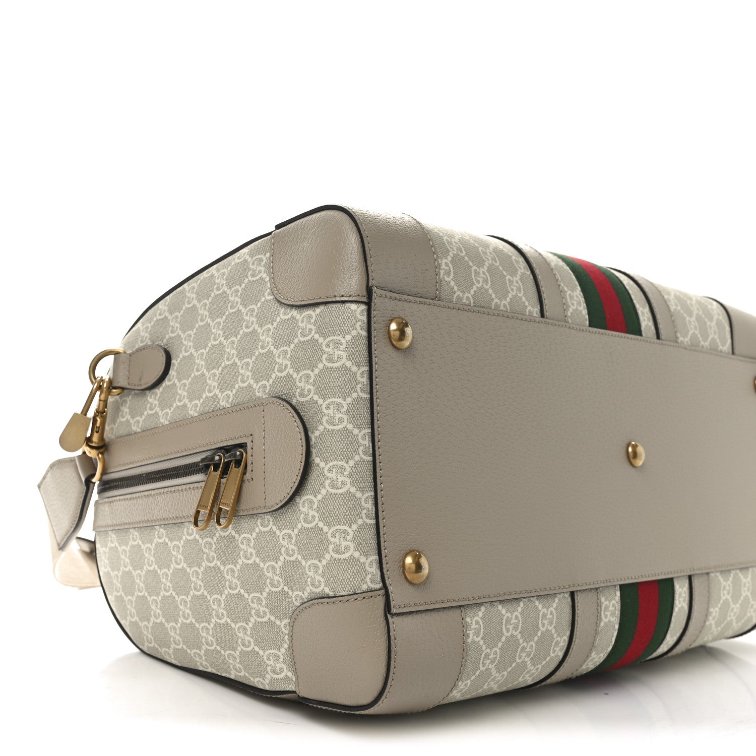 Gucci GG Supreme Monogram Textured Dollar Calfskin Web Medium Savoy Duffle Bag Beige Mystic White Oatmeal 8 of 9