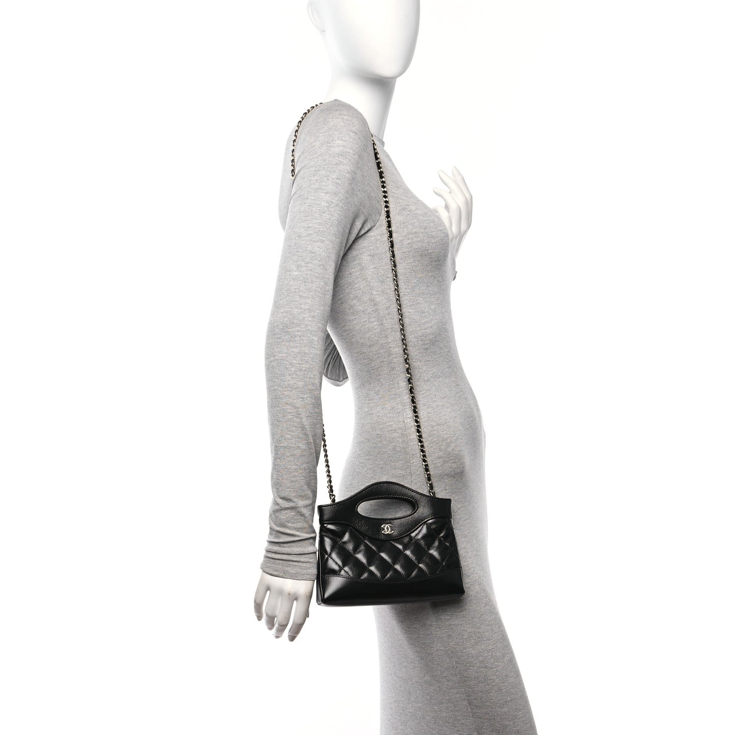 Shiny Crumpled Calfskin Quilted Nano 31 Shopping Bag Black