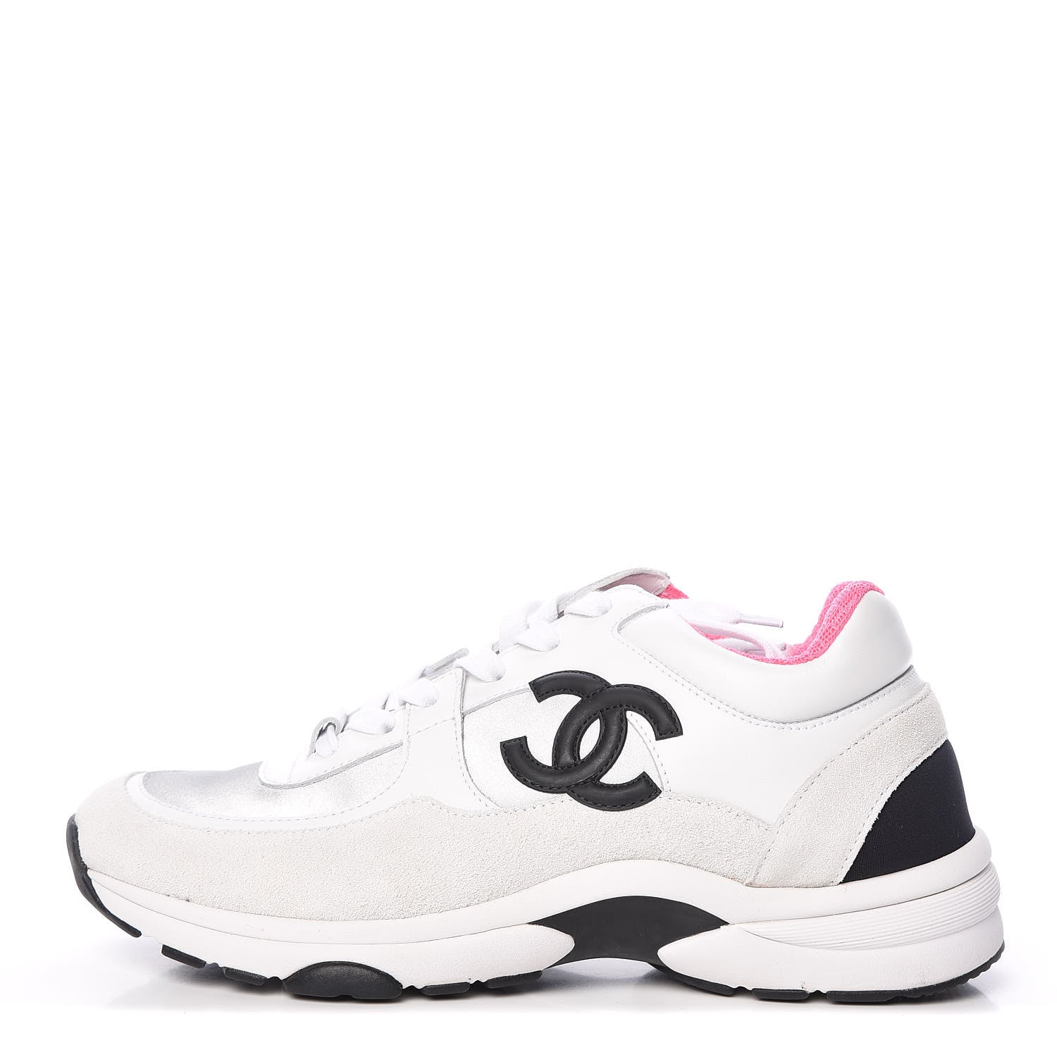 Chanel Calfskin Fabric Sneakers 38 White Silver Fluo Pink 1 of 11