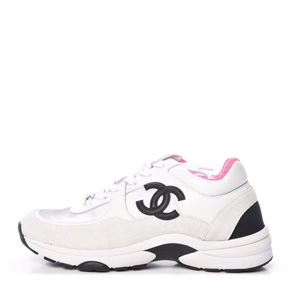 Chanel Calfskin Fabric Sneakers 38 White Silver Fluo Pink 1 of 11
