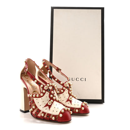 Gucci Calfskin Pearl Studded Tracey Pumps 36 Red White 9 of 9