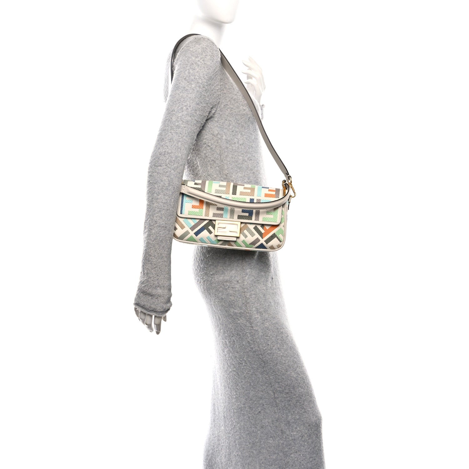 Fendi Canvas Vitello Seta FF Multicolor Embroidered Baguette Grezzo Multicolor Latte 2 of 10