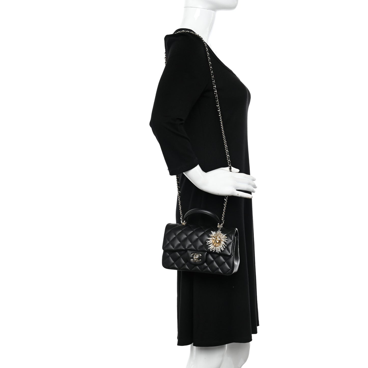 Lambskin Pearl Crystal Quilted Mini CC Lion Charm Top Handle Rectangular Flap Black