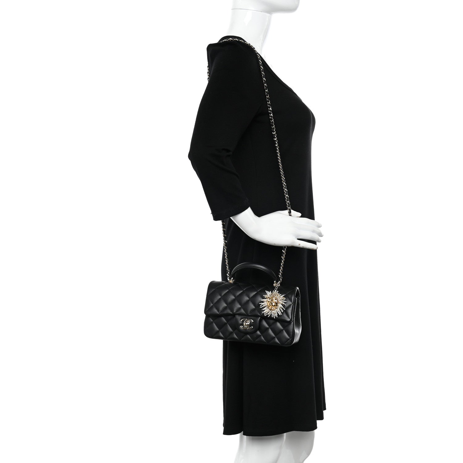Chanel Lambskin Pearl Crystal Quilted Mini CC Lion Charm Top Handle Rectangular Flap Black 2 of 11