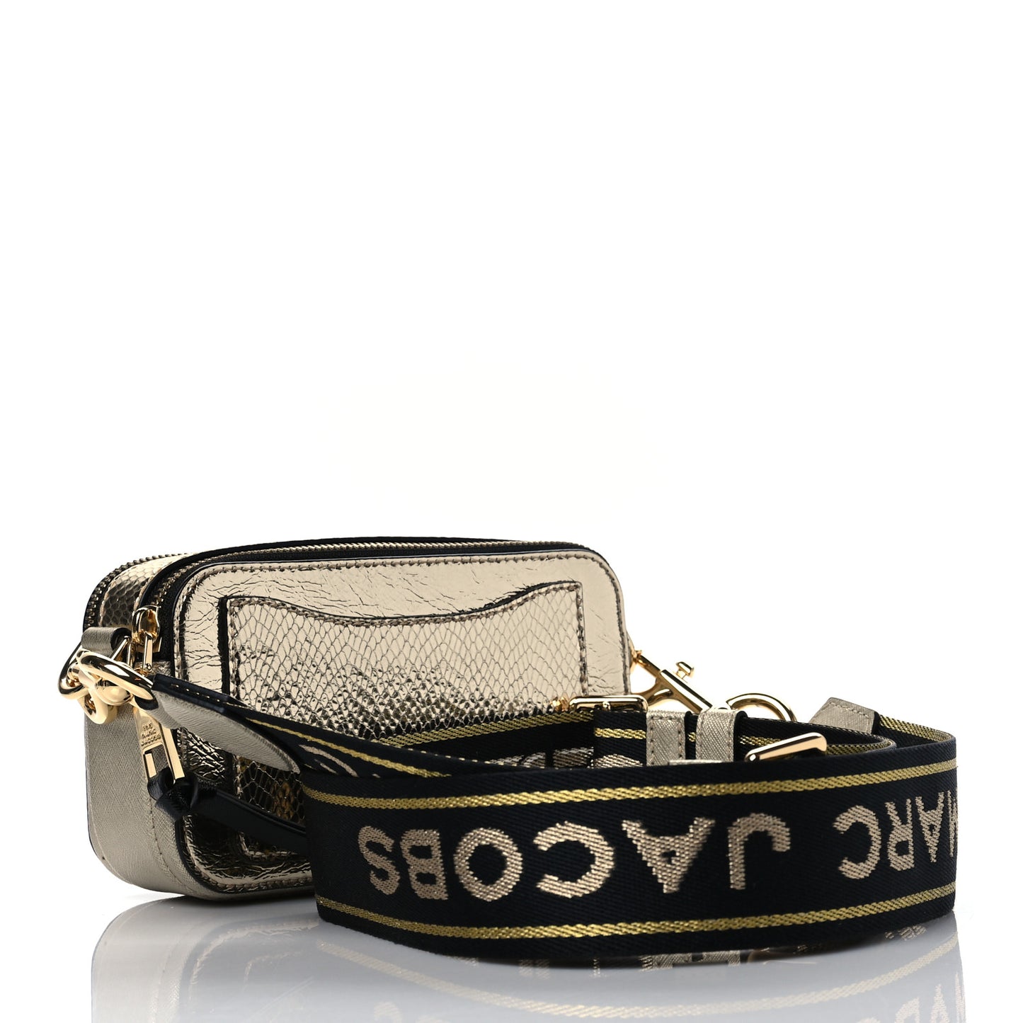 Metallic Sequin Snake Embossed Calfskin Stripe Snapshot Camera Bag Gold