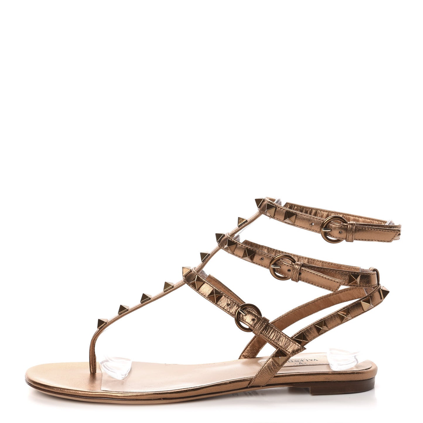 Metallic Nappa Rockstud Ankle Wrap Flat Thong Sandals 37 Bronze