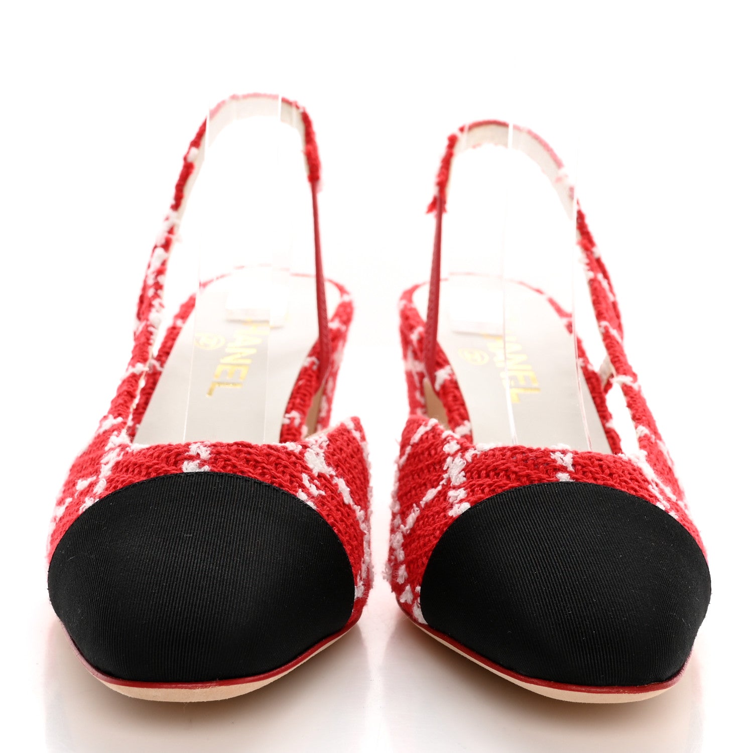 Chanel Tweed Grosgrain Cap Toe CC Slingback Pumps 39.5 Red White 2 of 11