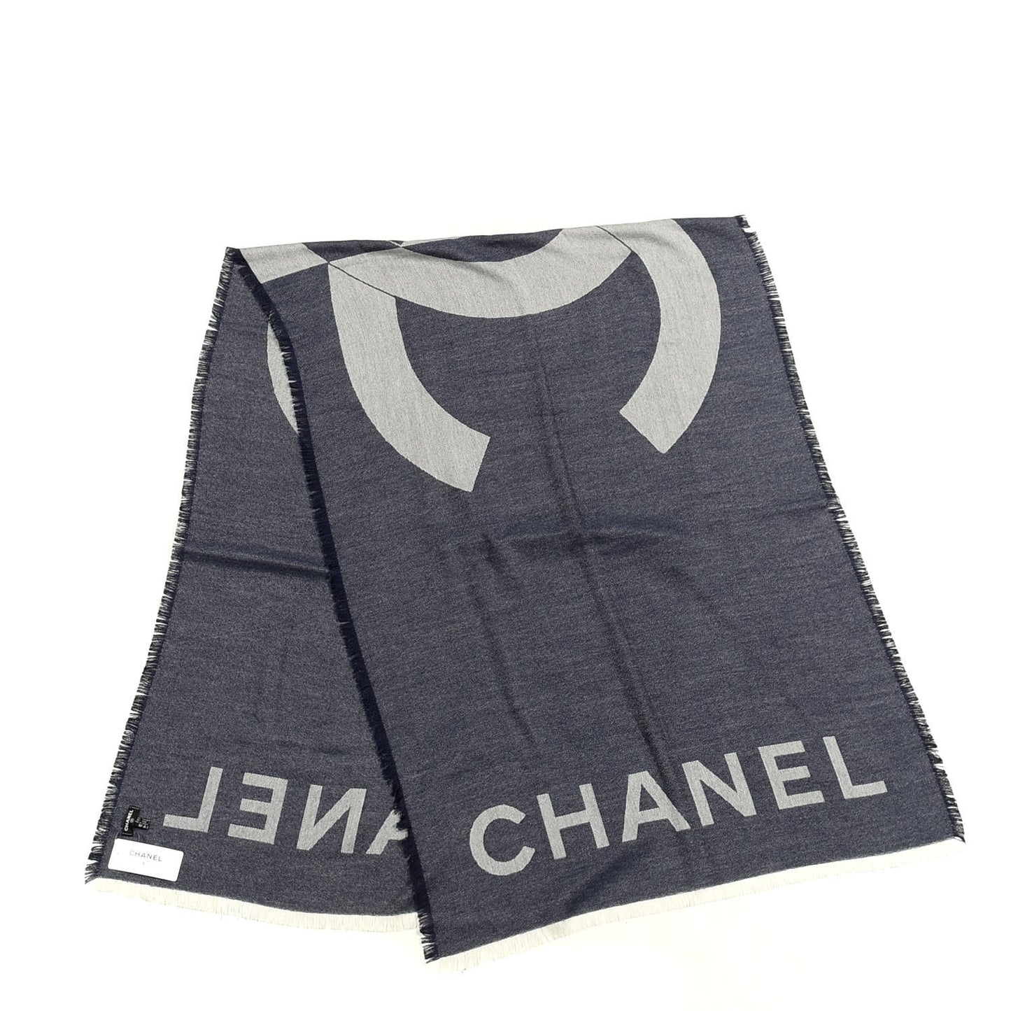Cashmere Silk CC Logo Fringe Scarf Navy Blue